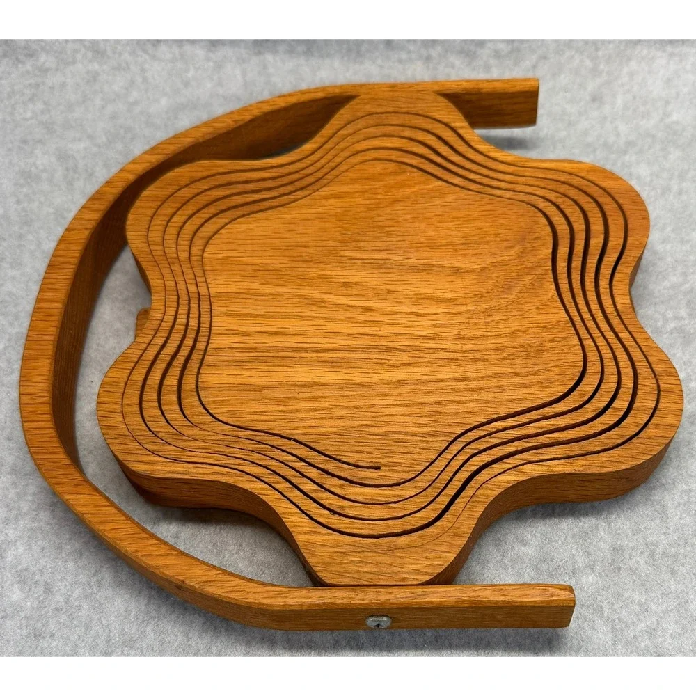 Handmade Collapsible Oak Wood Star Basket Folding Fruit Bowl Trivet Signed 2000